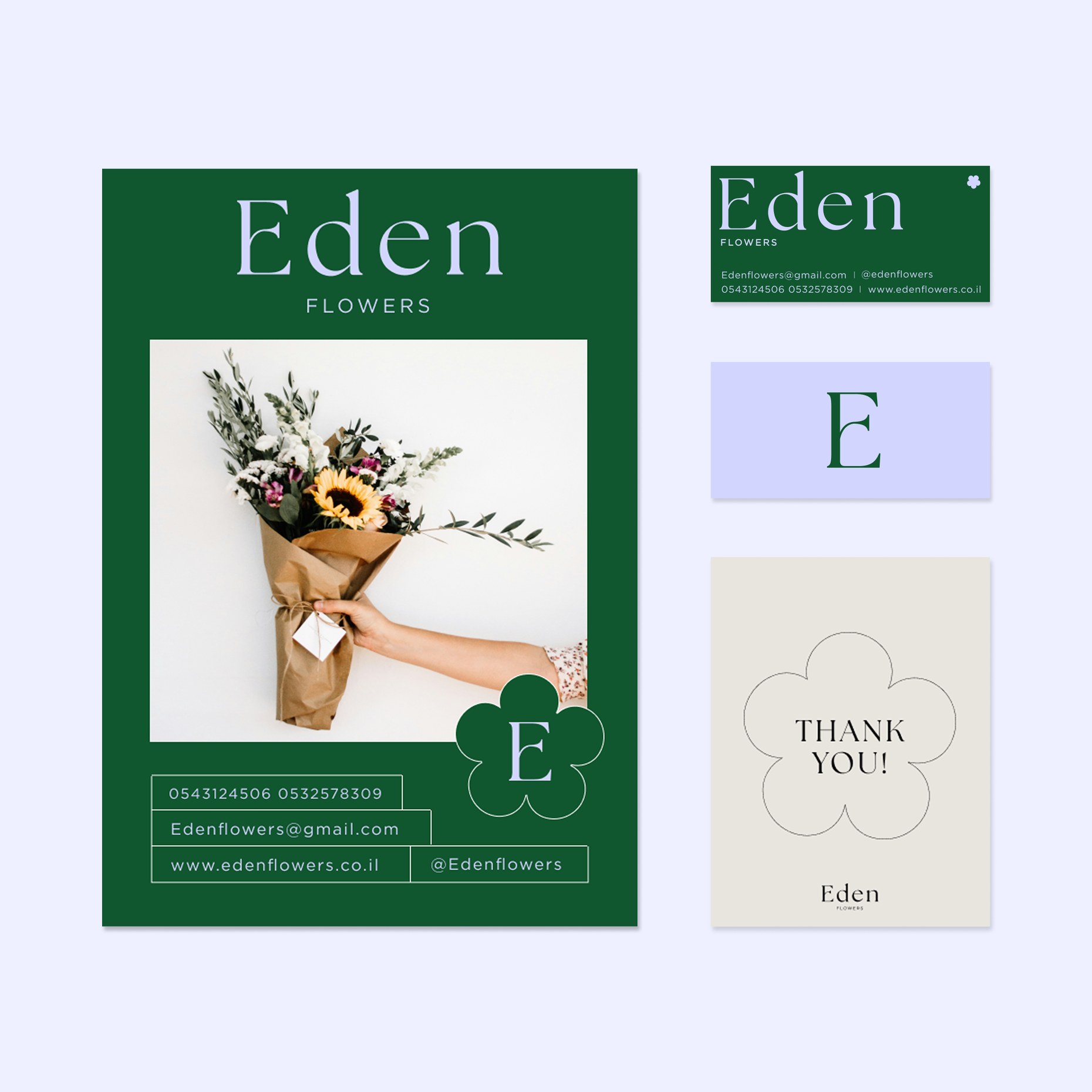 Eden poster, business card, monogram card and thank-you card shown together