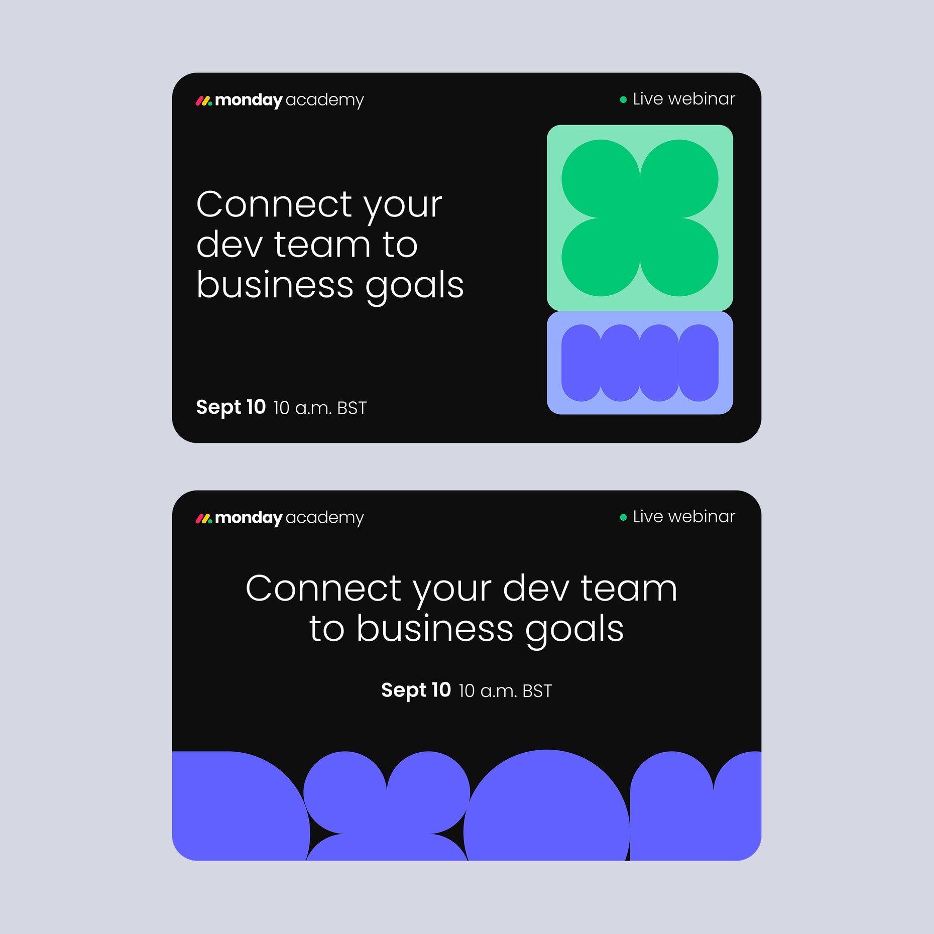 Two live webinar cards for Connect your dev team to business goals