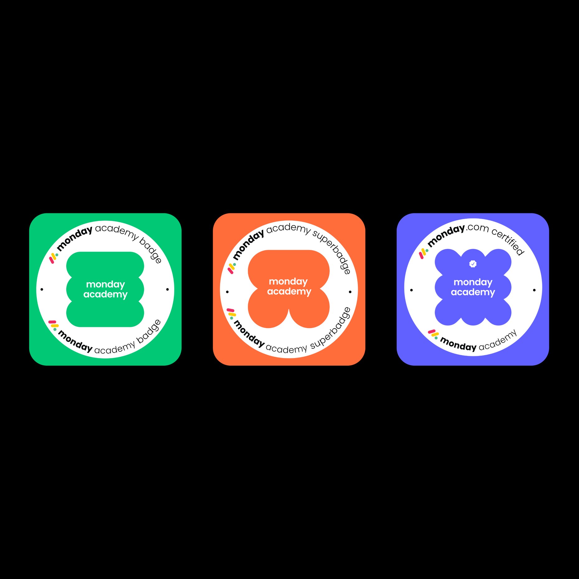 Three credential badges: academy badge, superbadge and monday.com certified