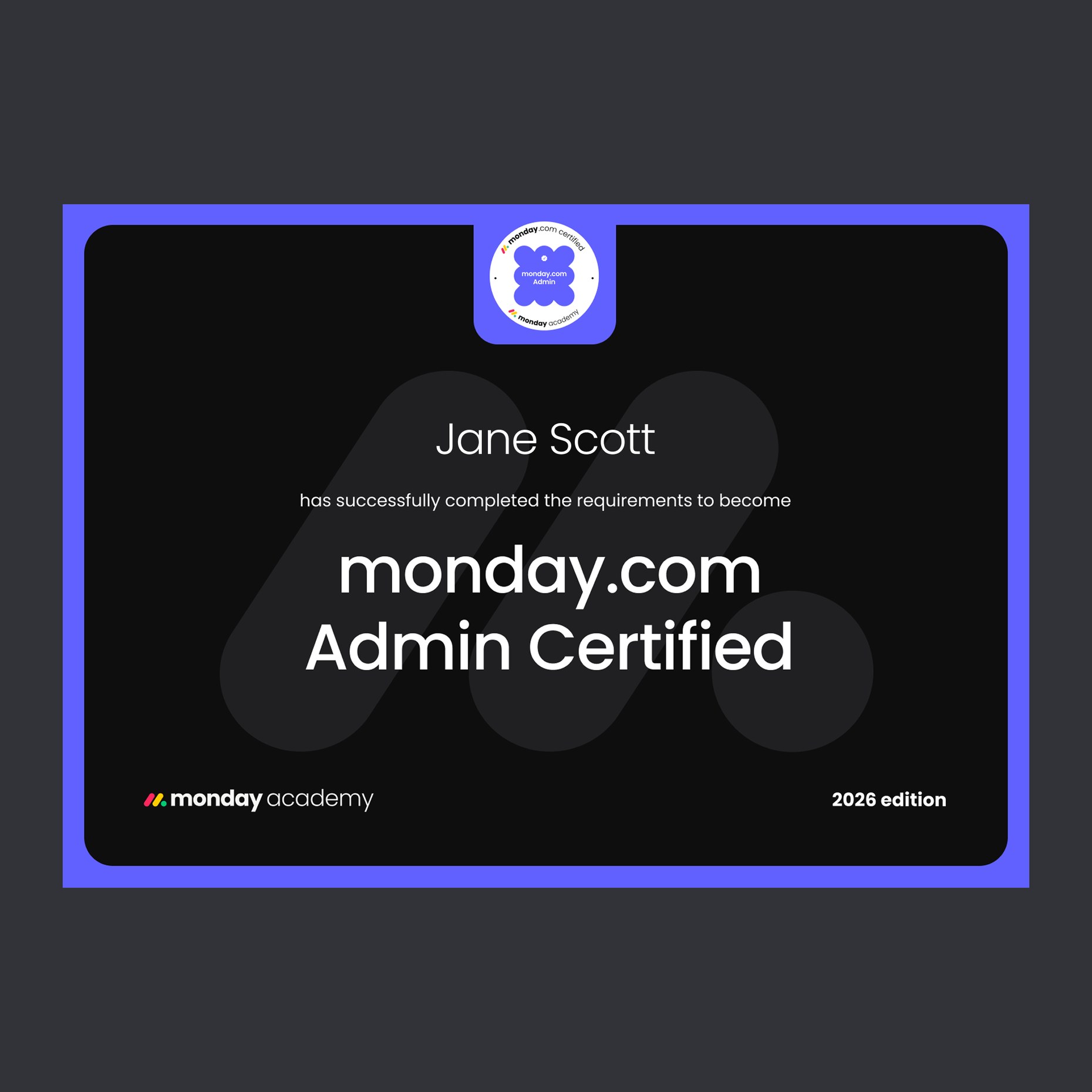 monday.com Admin Certified certificate in a violet border